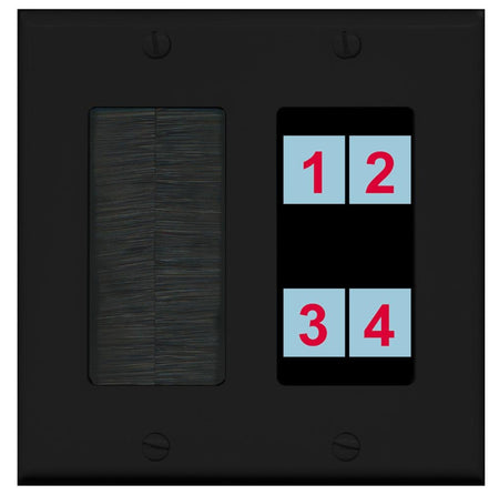 4 Port Custom Keystone Wall Plate 2 Gang DecorZ Black w/Brush Insert