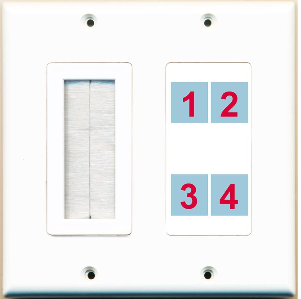 4 Port Custom Keystone Wall Plate 2 Gang DecorZ White w/Brush Insert