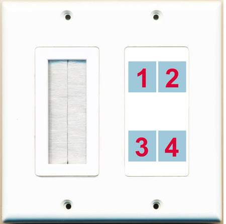 4 Port Custom Keystone Wall Plate 2 Gang DecorZ White w/Brush Insert