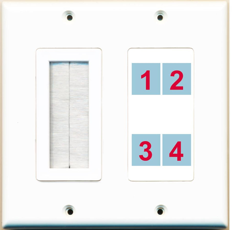 4 Port Custom Keystone Wall Plate 2 Gang DecorZ White w/Brush Insert