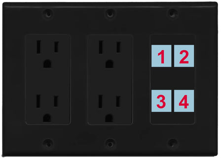 4 Port Custom Keystone Wall Plate w/Dual DecorZ Power Outlet Black