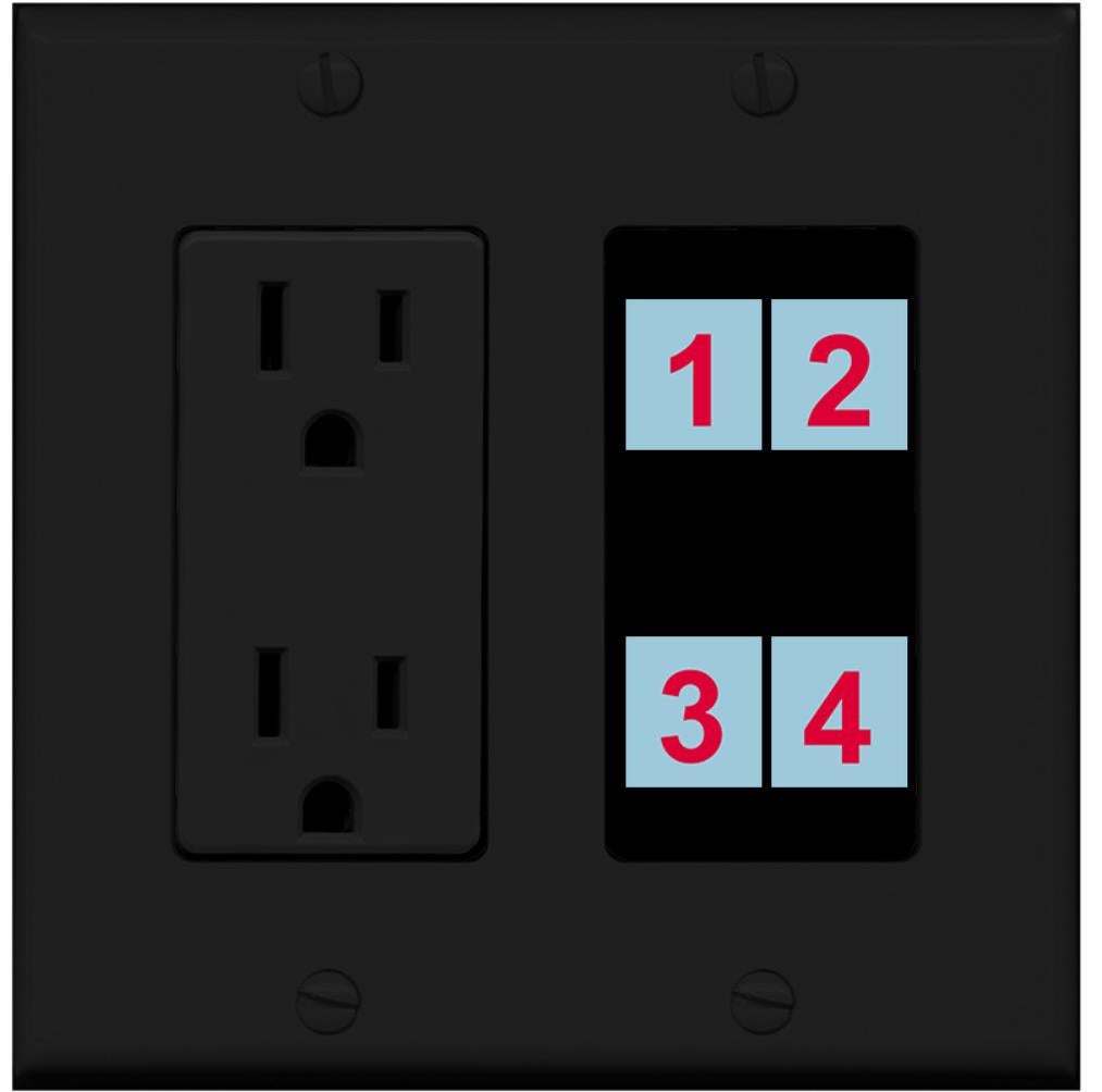 4 Port Custom Keystone Wall Plate w/DecorZ Power Outlet Black