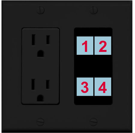 4 Port Custom Keystone Wall Plate w/DecorZ Power Outlet Black