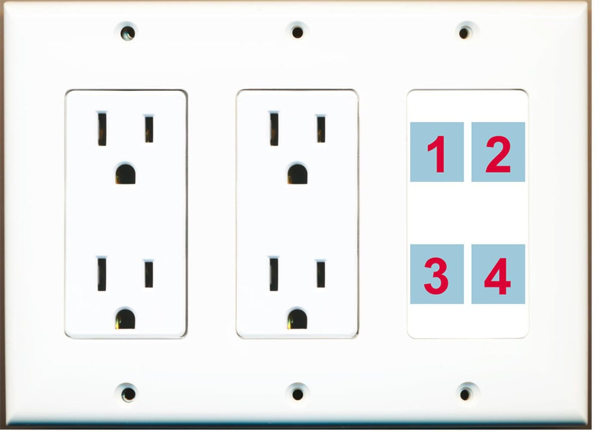4 Port Custom Keystone Wall Plate w/Dual DecorZ Power Outlet White