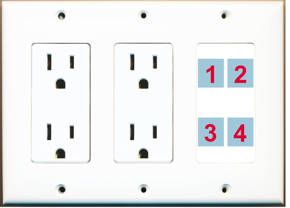 4 Port Custom Keystone Wall Plate w/Dual DecorZ Power Outlet White