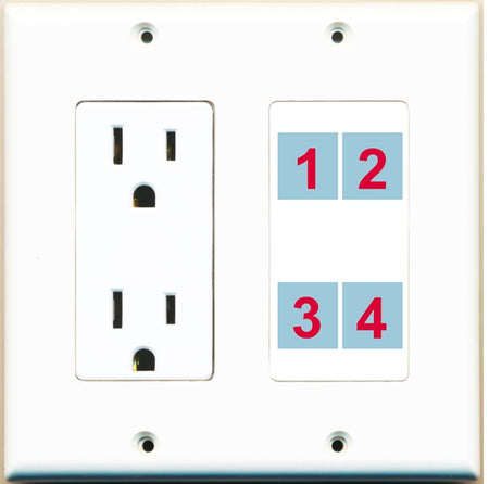 4 Port Custom Keystone Wall Plate w/DecorZ Power Outlet White