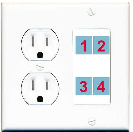 4 Port Custom Keystone Wall Plate w/Tamper Resistant Round Power Outlet