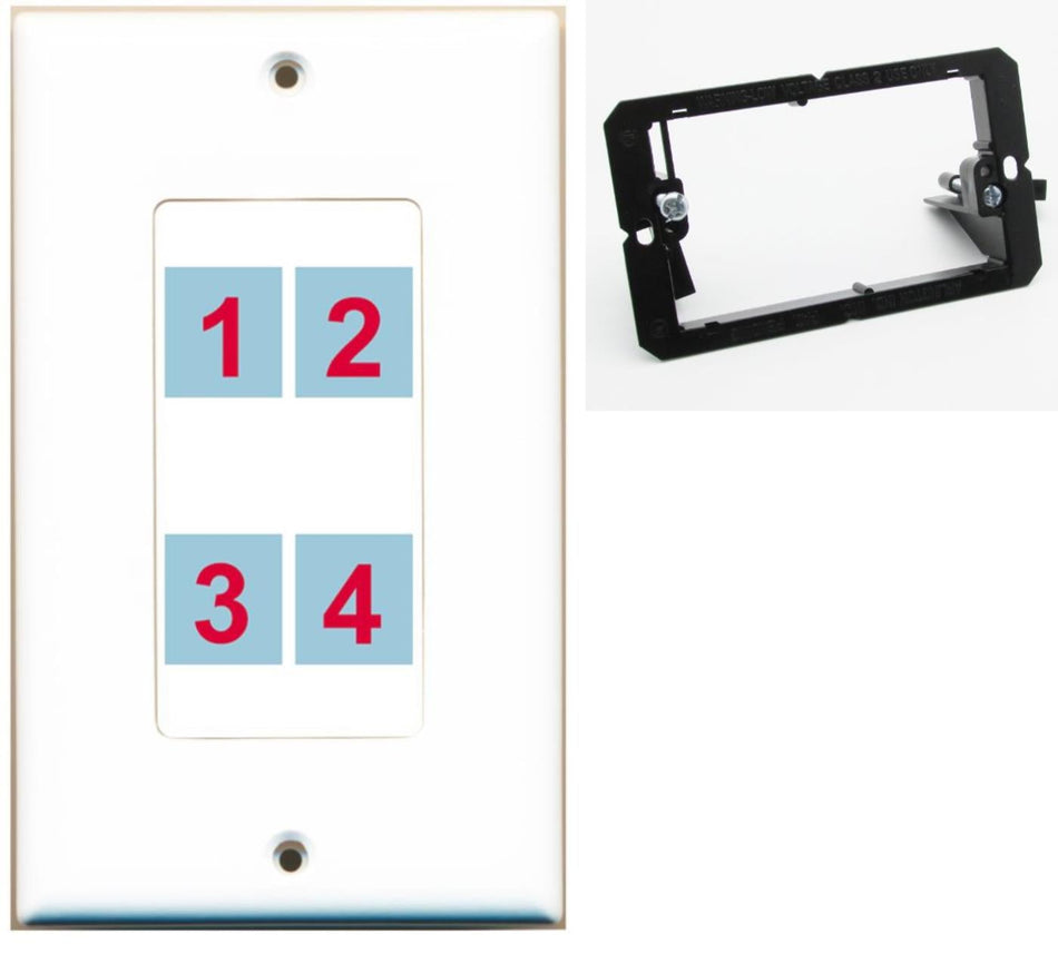 4 Port Custom Keystone Wall Plate DecorZ White w/Mounting Bracket