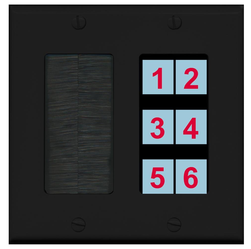 6 Port Custom Keystone Wall Plate 2 Gang DecorZ Black w/Brush Insert