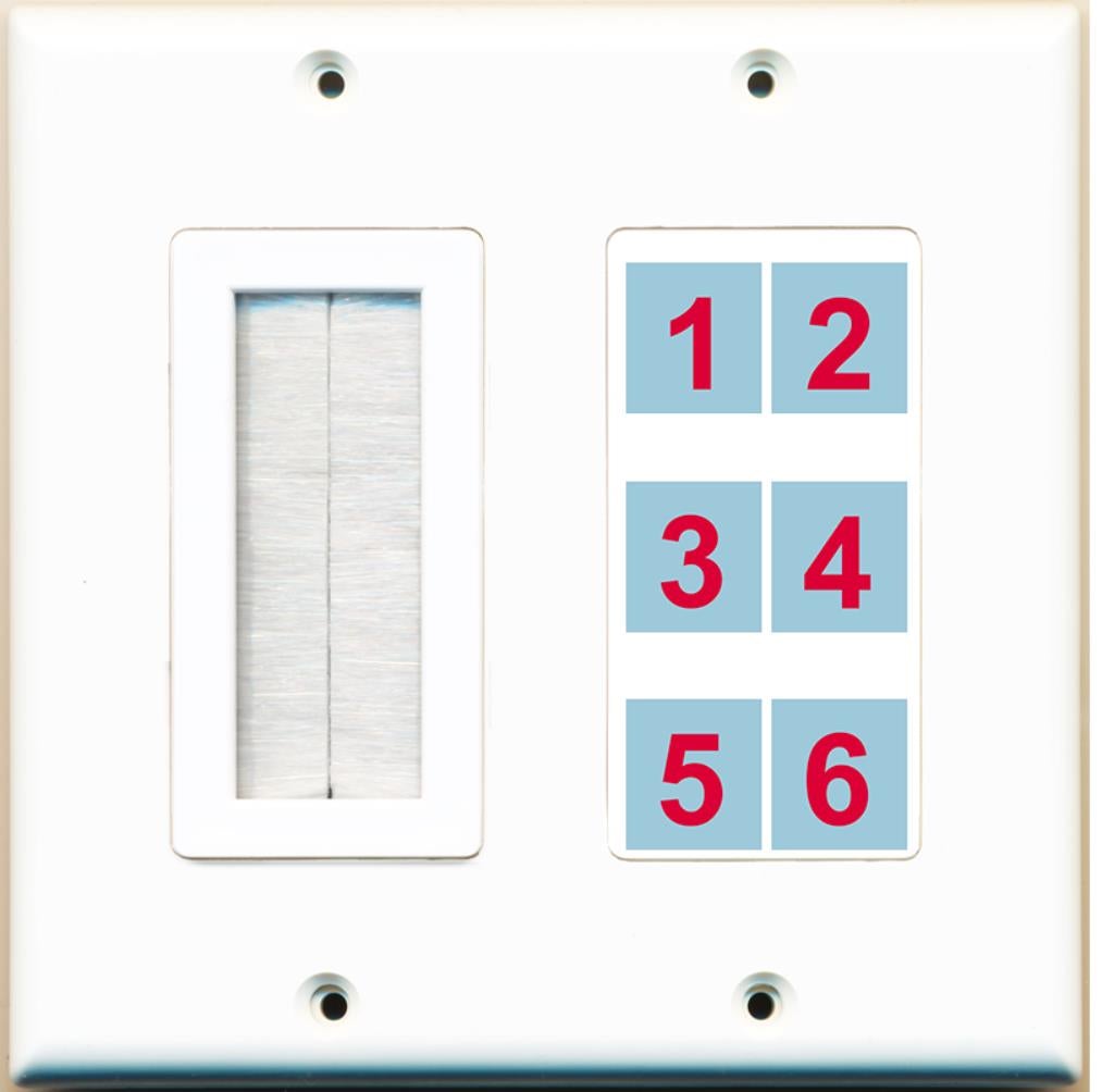 6 Port Custom Keystone Wall Plate 2 Gang DecorZ White w/Brush Insert
