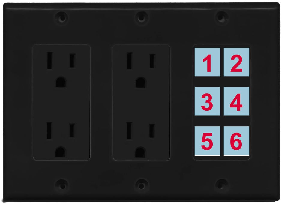 6 Port Custom Keystone Wall Plate w/Dual DecorZ Power Outlet Black