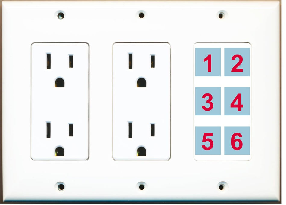 6 Port Custom Keystone Wall Plate w/Dual DecorZ Power Outlet White