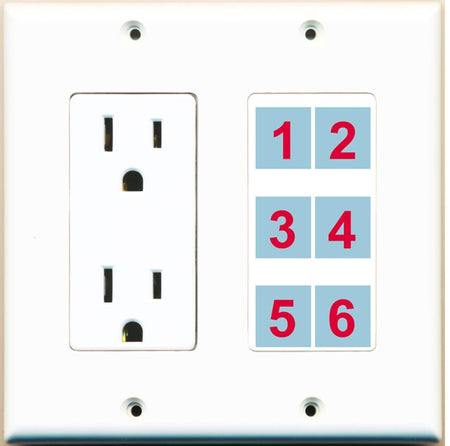 6 Port Custom Keystone Wall Plate w/DecorZ Power Outlet White
