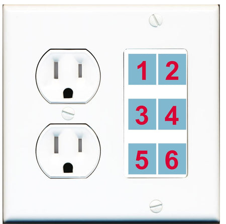 6 Port Custom Keystone Wall Plate w/Tamper Resistant Round Power Outlet