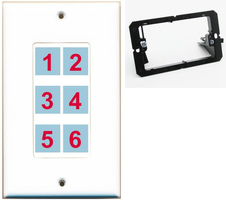 6 Port Custom Keystone Wall Plate DecorZ White w/Mounting Bracket