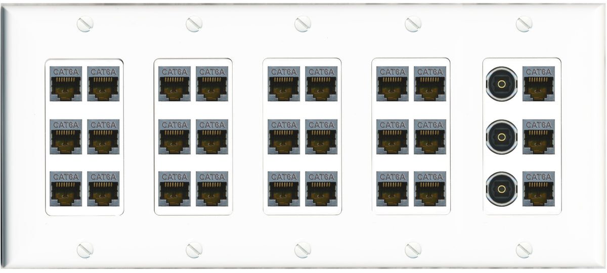 RiteAV 27 Port Cat6A 3 x Toslink Keystone Wall Plate Ethernet Network Data Office Server Room Low Voltage Commercial - 5 Gang [White]