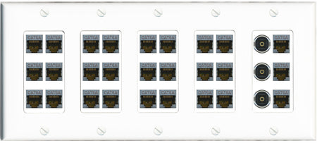 RiteAV 27 Port Cat6A 3 x Toslink Keystone Wall Plate Ethernet Network Data Office Server Room Low Voltage Commercial - 5 Gang [White]
