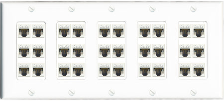 RiteAV 30 Port Cat5e Keystone Wall Plate White Ethernet Distribution Panel Low Voltage Commercial Office Server Room Rack Data - 5 Gang [White]