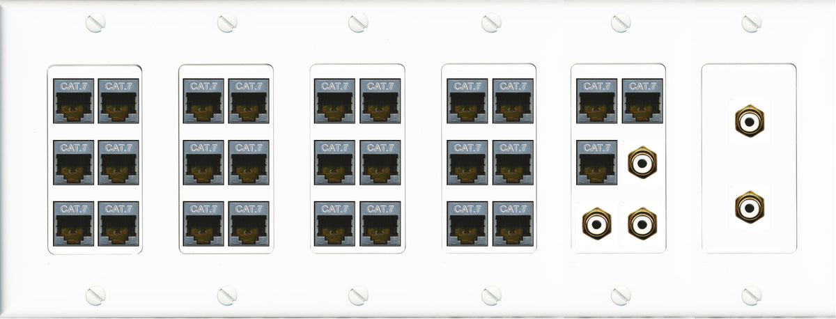 RiteAV 27 Port Cat7 5 x RCA Keystone Wall Plate Audio Video AV Home Theater Multimedia Low Voltage - 6 Gang [White]