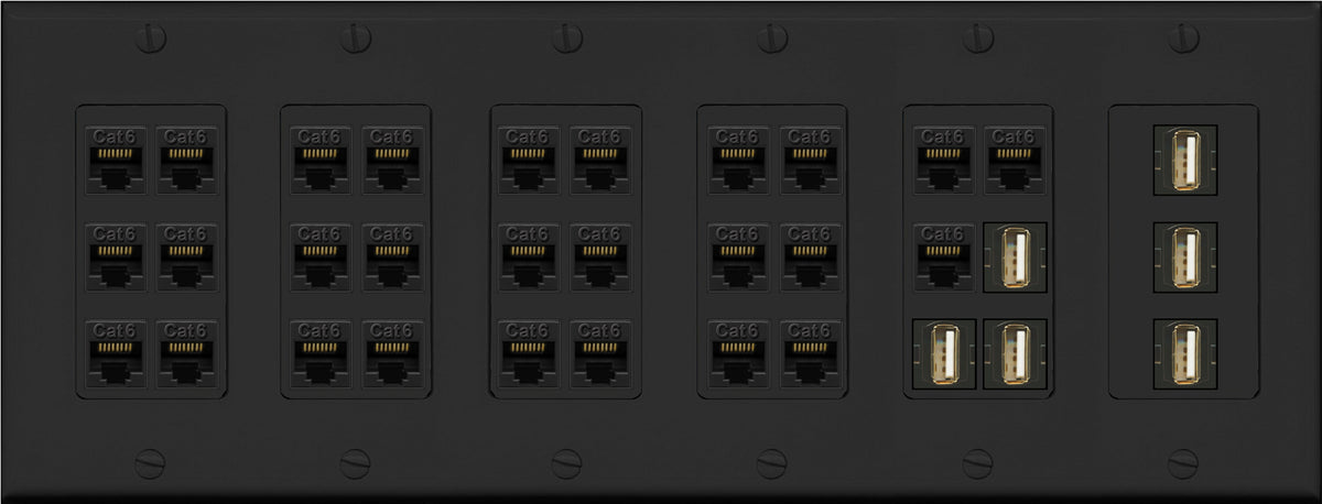 RiteAV 27 Port Cat6 6 x USB 2.0 Coupler Keystone Wall Plate Data PC Home Theater Office Media Connection Low Voltage - 6 Gang [Black]