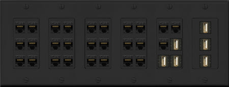 RiteAV 27 Port Cat6 6 x USB 2.0 Coupler Keystone Wall Plate Data PC Home Theater Office Media Connection Low Voltage - 6 Gang [Black]
