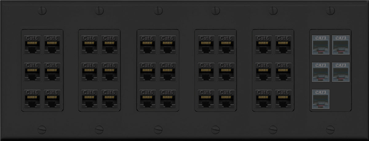 RiteAV 30 Port Cat6 5 x RJ11/12 Keystone Wall Plate Phone Telephone Voice Data Office Low Voltage Commercial - 6 Gang [Black]