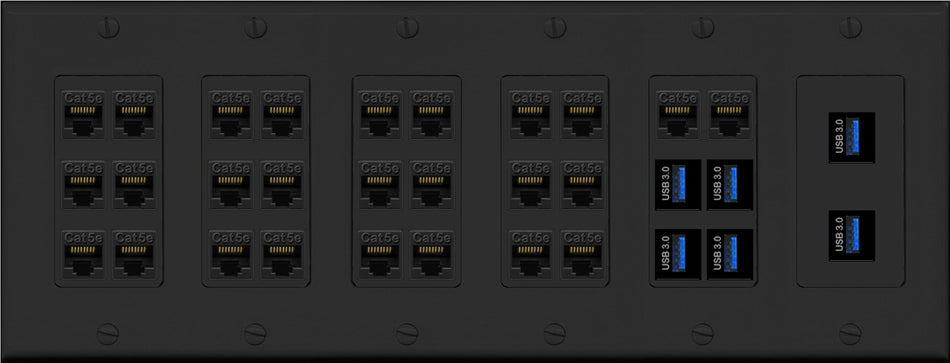 RiteAV 26 Port Cat5e 6 x USB 3.0 Coupler Keystone Wall Plate Data PC Home Theater Office Media Connection Low Voltage - 6 Gang [Black]