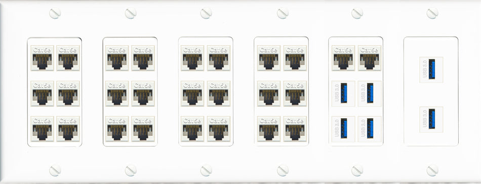 RiteAV 26 Port Cat5e 6 x USB 3.0 Coupler Keystone Wall Plate Data PC Home Theater Office Media Connection Low Voltage - 6 Gang [White]
