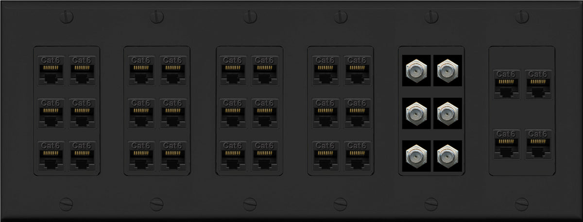 RiteAV 28 Port Cat6 6 x Coax Keystone Wall Plate Cable TV AV Multimedia Low Voltage Commercial - 6 Gang [Black]