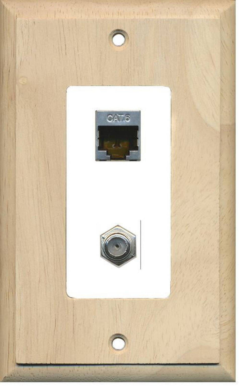 RiteAV Decorative 1 Gang Wall Plate (Wood/White) 2 Port - Cat6 (Shielded) Coax (White) - Bracket Included