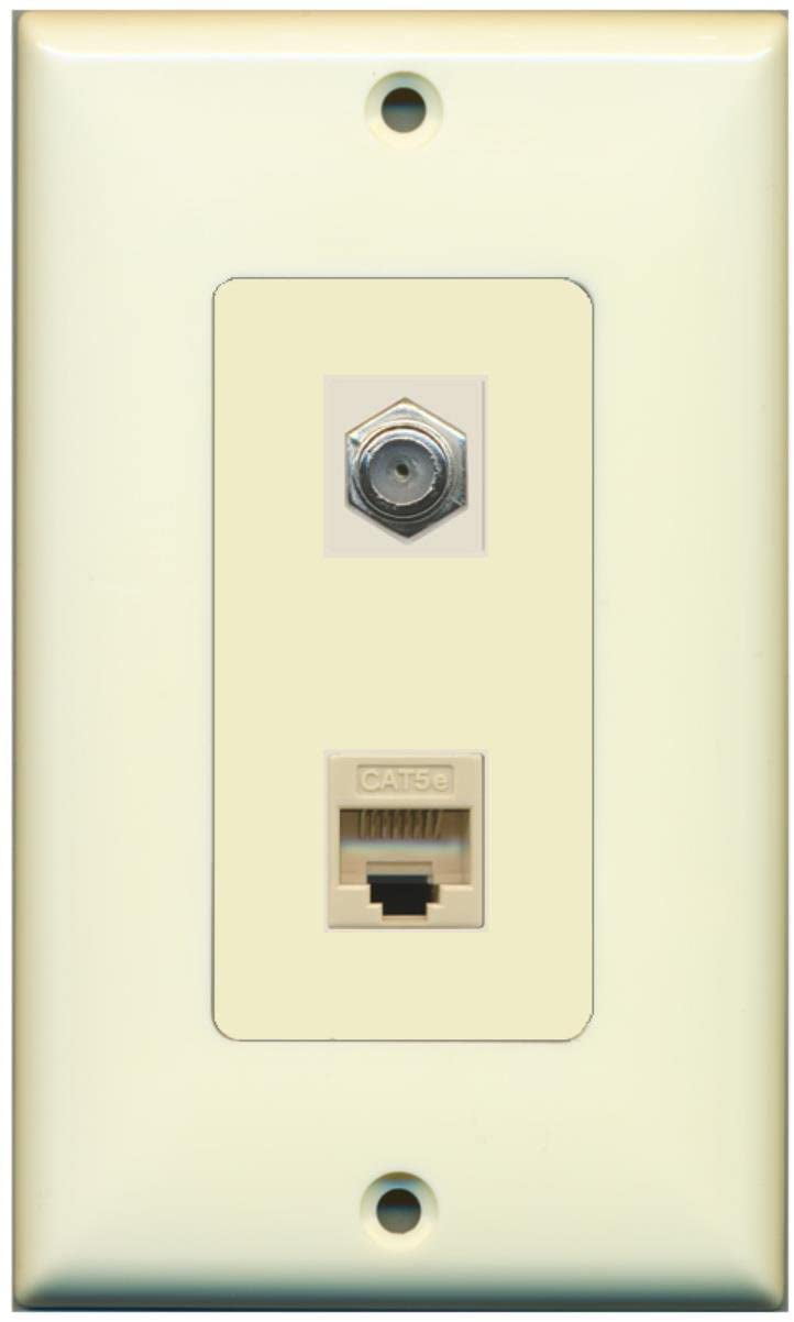 RiteAV - 1 Port Coax Port Cable TV F Type - 1 Port Cat5e Ethernet Decorative Wall Plate - Light Almond - Bracket Included