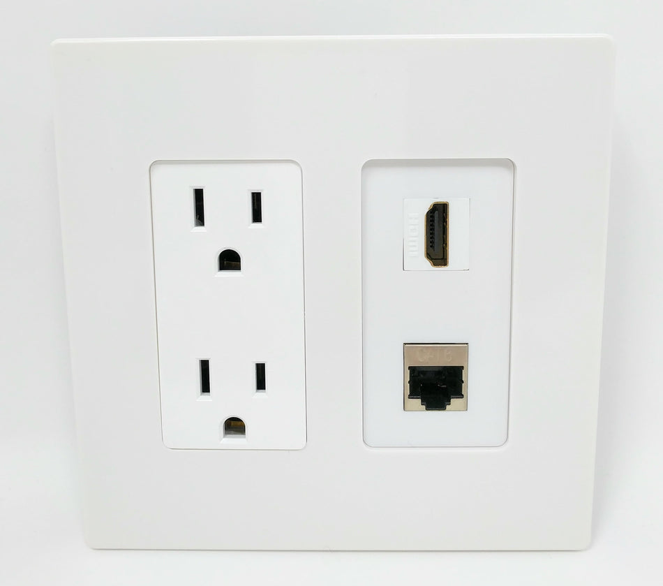 RiteAV - 15 Amp Power Outlet and 1 Port HDMI and 1 Port Shielded Cat6 Ethernet Decorative Type Screwless Wall Plate - White