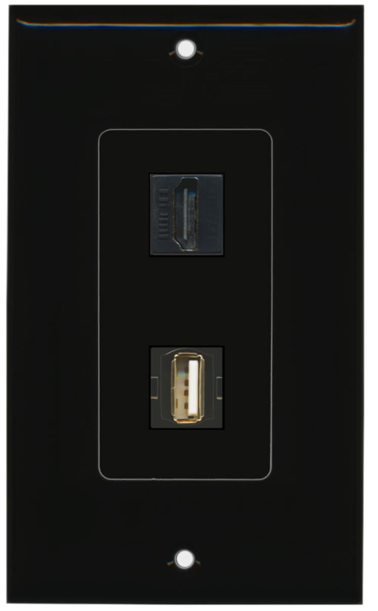 RiteAV - 1 Port USB A-A 1 Port HDMI Decorative Wall Plate - Black - Bracket Included