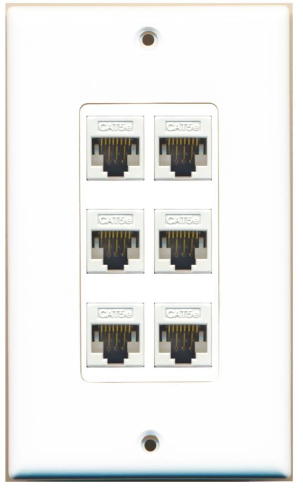 RiteAV 1 Gang 6 Port Cat5e Wall Plate Oversized White