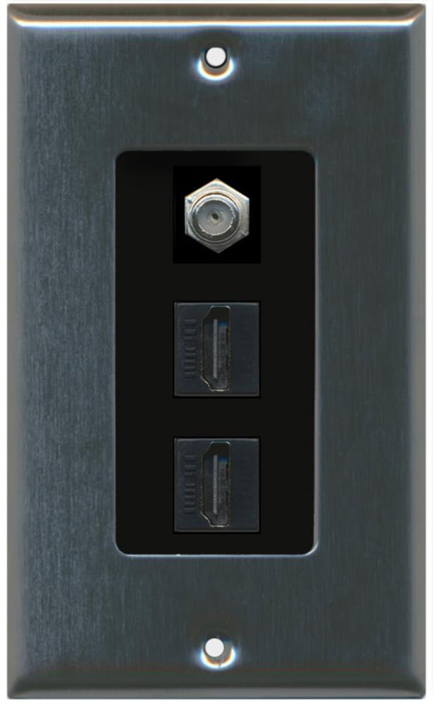 RiteAV - 2 Port HDMI 1 Coax Cable TV- F-Type Decorative Wall Plate - Stainless Steel & Black