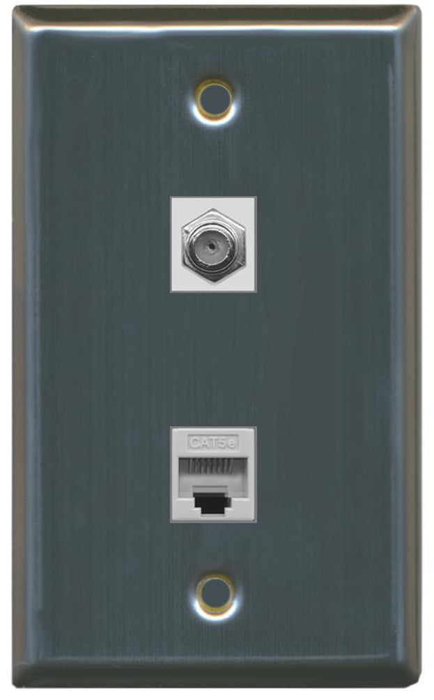 RiteAV - 1 Coax F Type and 1 Cat5e Ethernet Port Wall Plate - Stainless Steel - Bracket Included