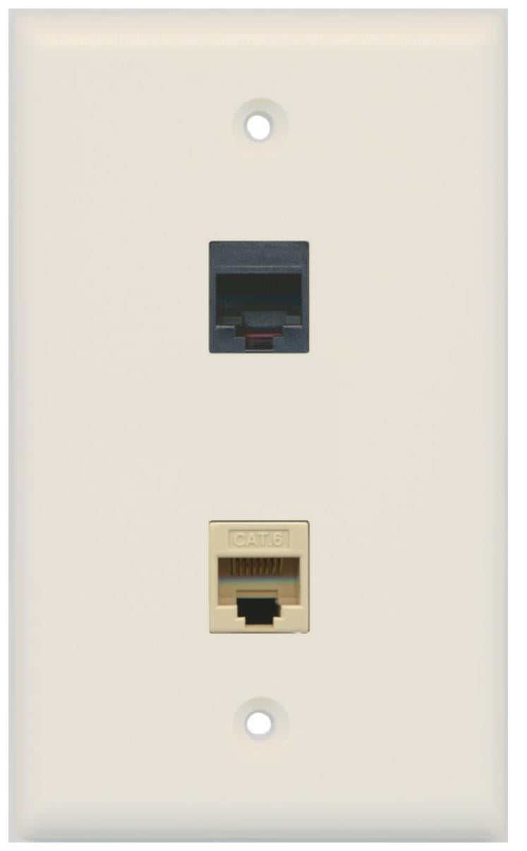 RiteAV - 1 RJ11 RJ12 Black Phone Port and 1 Cat6 Ethernet Port Wall Plate - Light Almond - Bracket Included