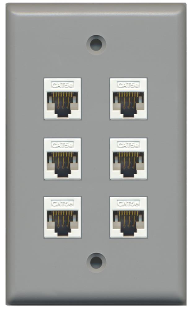 RiteAV 1 Gang 6 Port Cat5e Wall Plate - Gray