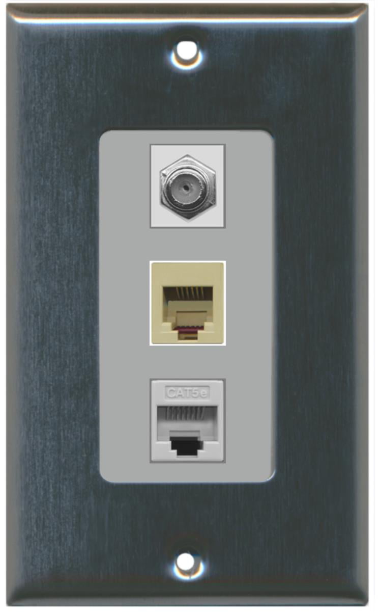 RiteAV - 1 Port Coax Cable TV- F-Type Phone RJ11 RJ12 and 1 Port Cat5e Ethernet Decorative Wall Plate - Stainless Steel/Gray - Bracket Included