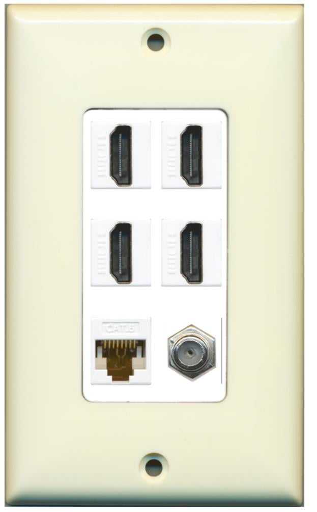 RiteAV - 4 Port HDMI 1 Coax Cable TV- F-Type 1 Cat6 Ethernet Wall Plate Decorative - Light Almond & White