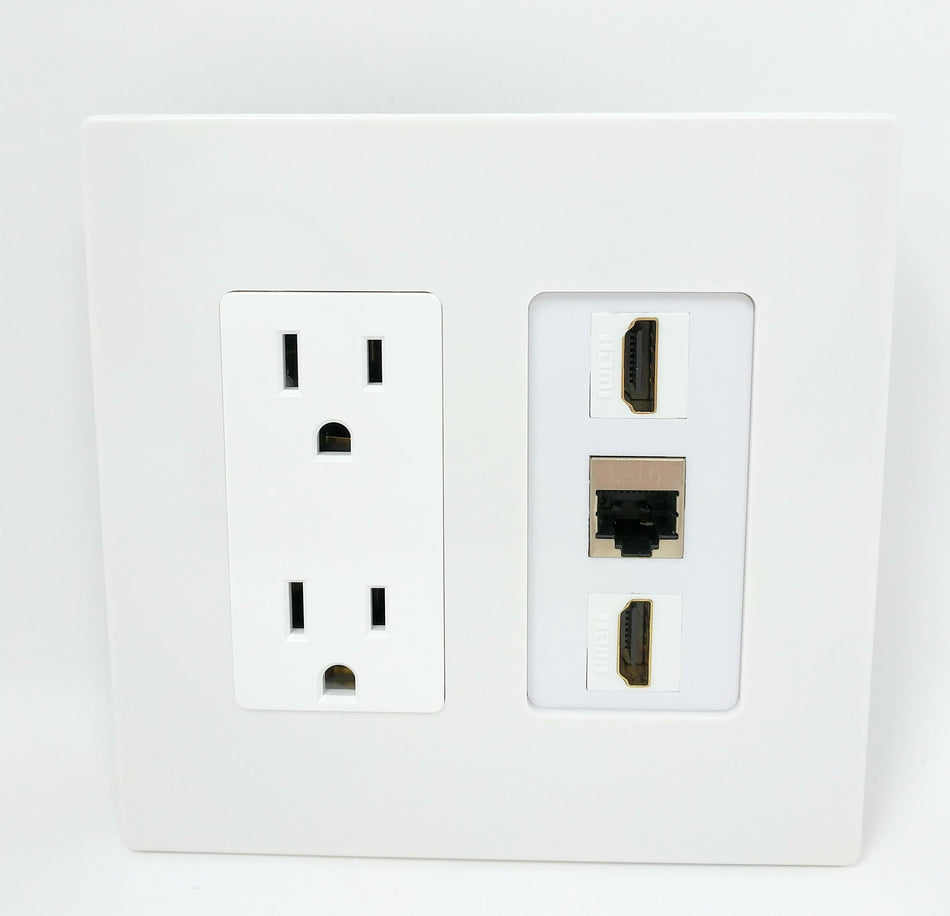 RiteAV - 15 Amp Power Outlet 2 Port HDMI 1 Port Shielded Cat6 Screwless Decorative Wall Plate - White
