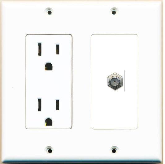 RiteAV - 15 Amp Power Outlet and 1 Port Coax Cable TV- F-Type Decorative Type Wall Plate - White