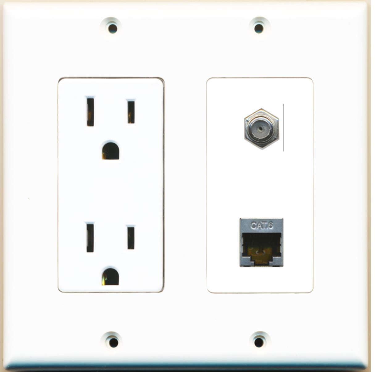 RiteAV - 15 Amp Power Outlet and 1 Port Coax Cable TV- F-Type and 1 Port Shielded Cat6 Ethernet Decorative Type Wall Plate - White