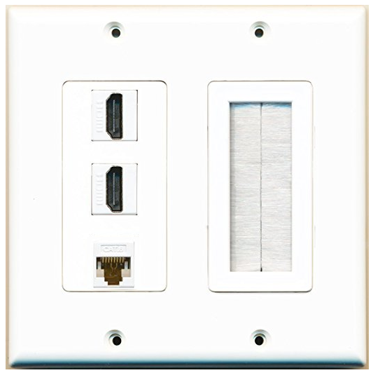 RiteAV White Decorative 2 Gang Wall Plate - 3 Port ( 2 x HDMI + 1 x Cat6 ) and 1 Brush Insert