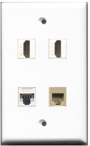 RiteAV - 2 Port HDMI 1 Port Phone RJ11 RJ12 Beige 1 Port Cat5e Ethernet White Wall Plate