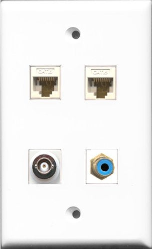 RiteAV 1 Port RCA Blue and 1 Port BNC 2 Port Cat6 Ethernet White Wall Plate