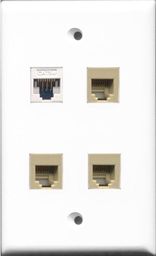 RiteAV - 3 Port Phone RJ11 RJ12 Beige and 1 Port Cat5e Ethernet White Wall Plate