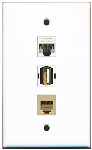 RiteAV - 1 Port USB A-A and 1 Port Phone RJ11 RJ12 Beige and 1 Port Cat5e Ethernet White Wall Plate