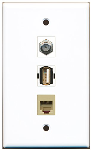 RiteAV - 1 Port Coax Cable TV- F-Type and 1 Port USB A-A and 1 Port Phone RJ11 RJ12 Beige Wall Plate