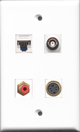 RiteAV - 1 Port RCA Red and 1 Port S-Video and 1 Port BNC and 1 Port Cat5e Ethernet White Wall Plate